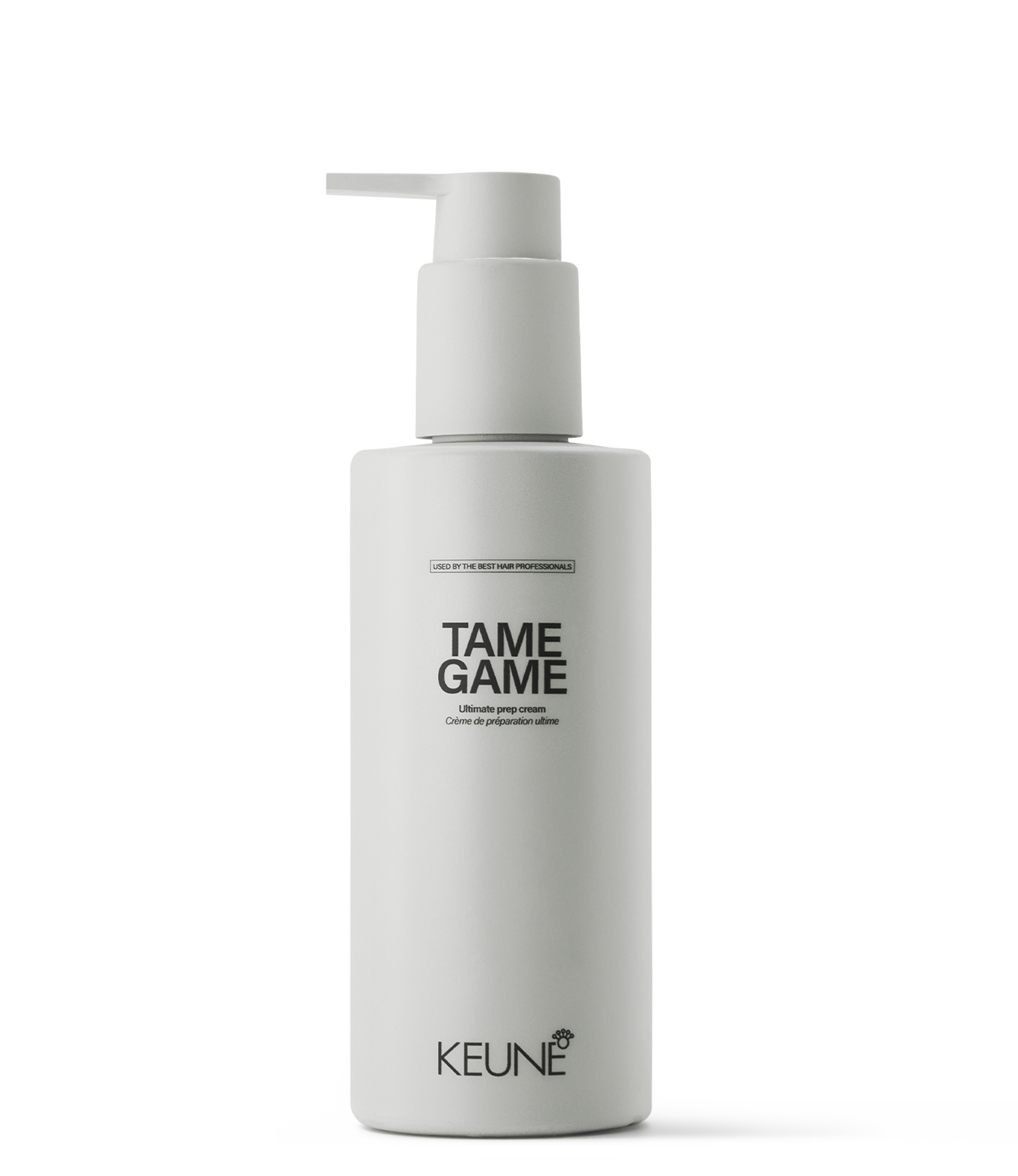 Achieve sleek or curly looks with Keune Tame Game Ultimate Prep Cream; it hydrates, softens, and protects with heat up to 230°C.